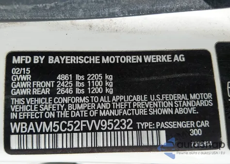 2015 BMW X1 xDrive35I z USA, uszkodzony, nr VIN WBAVM5C52FVV95232